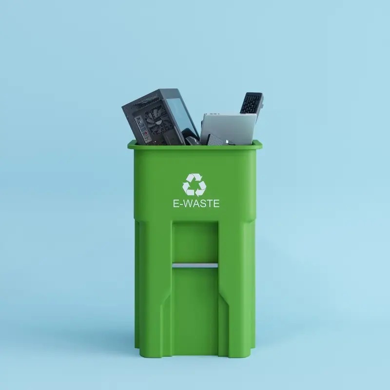 Lixeira verde com eletroeletrônicos dentro